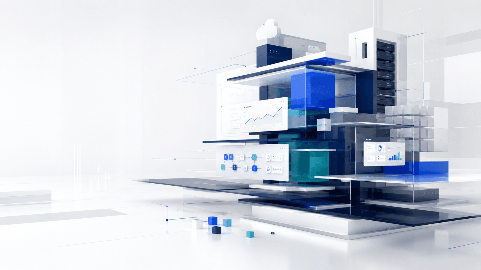Isometric illustration of CoreSolutionLabz engineering stack — cloud infrastructure, dashboards, and secure systems